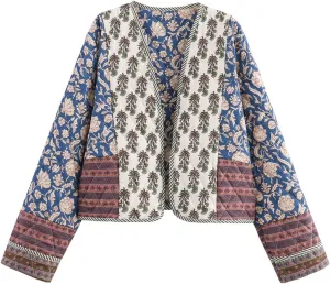 Flygo Women Cropped Puffer Jacket Cardigan Floral Printed Quilted Coats Lightweight Open Front Crop Padded Down Jackets