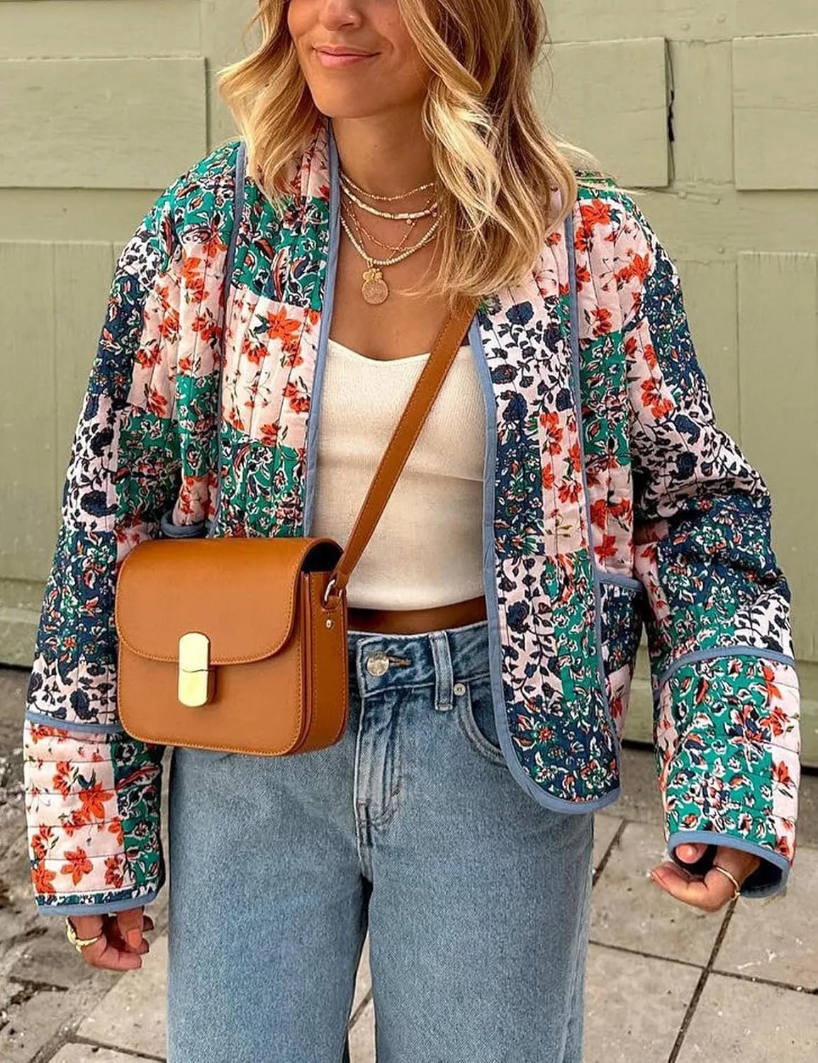Flygo Women Cropped Puffer Jacket Cardigan Floral Printed Quilted Coats Lightweight Open Front Crop Padded Down Jackets