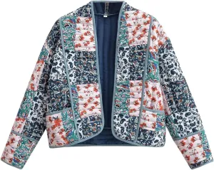 Flygo Women Cropped Puffer Jacket Cardigan Floral Printed Quilted Coats Lightweight Open Front Crop Padded Down Jackets