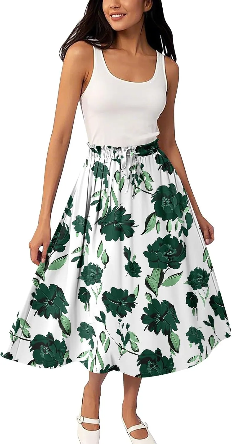 Formal Skirts for Women Summer Drawstring Elastic High Waisted Midi Skirt Boho A Line Pleated Calf Length Skirt
