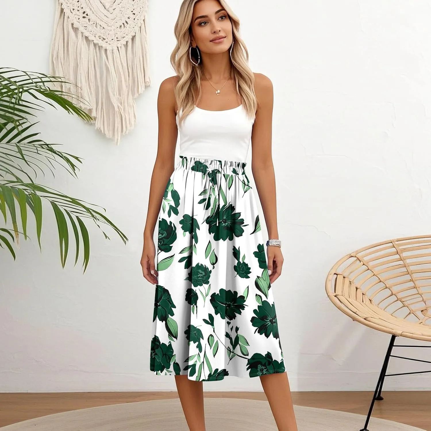 Formal Skirts for Women Summer Drawstring Elastic High Waisted Midi Skirt Boho A Line Pleated Calf Length Skirt