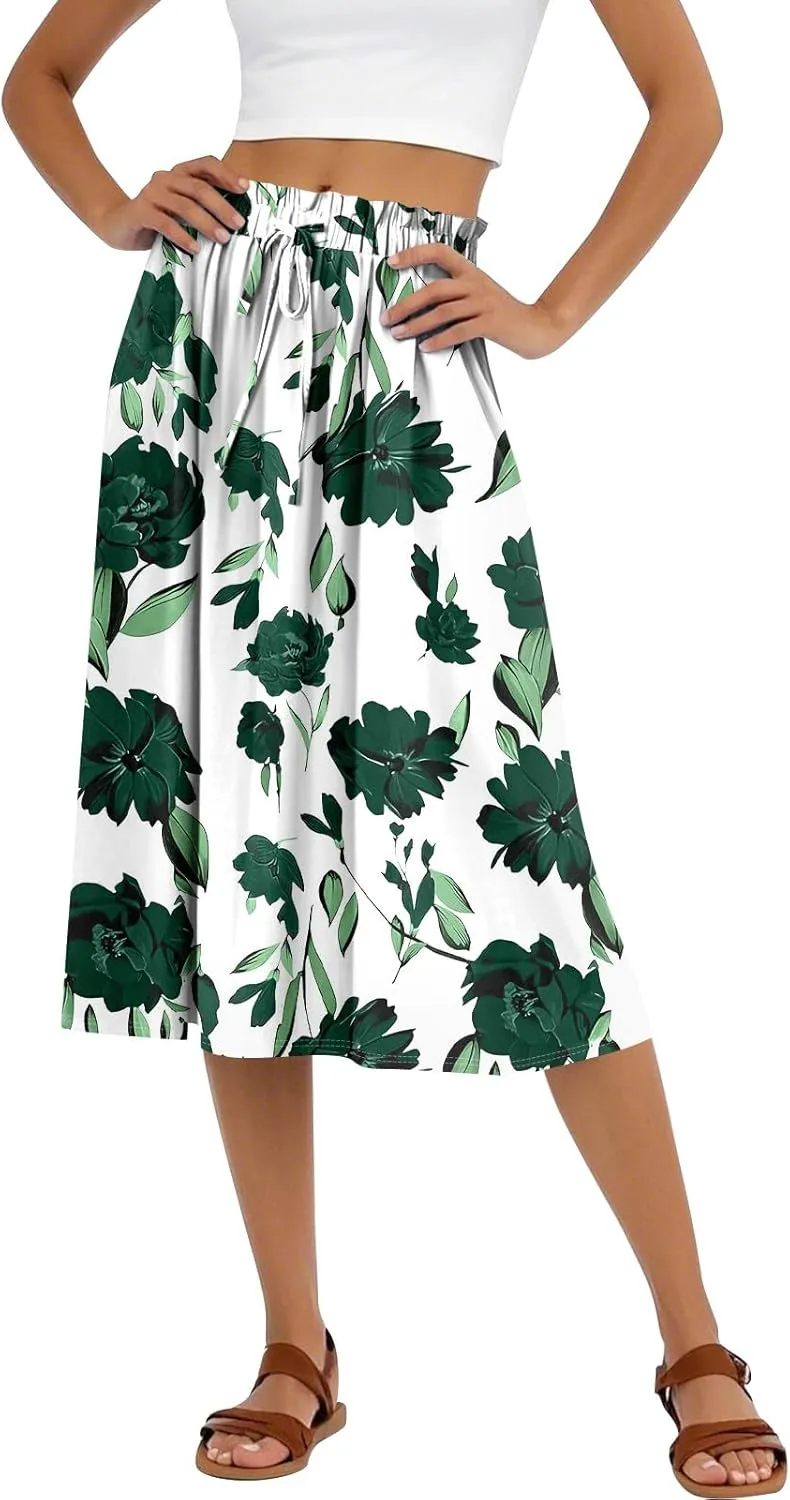 Formal Skirts for Women Summer Drawstring Elastic High Waisted Midi Skirt Boho A Line Pleated Calf Length Skirt