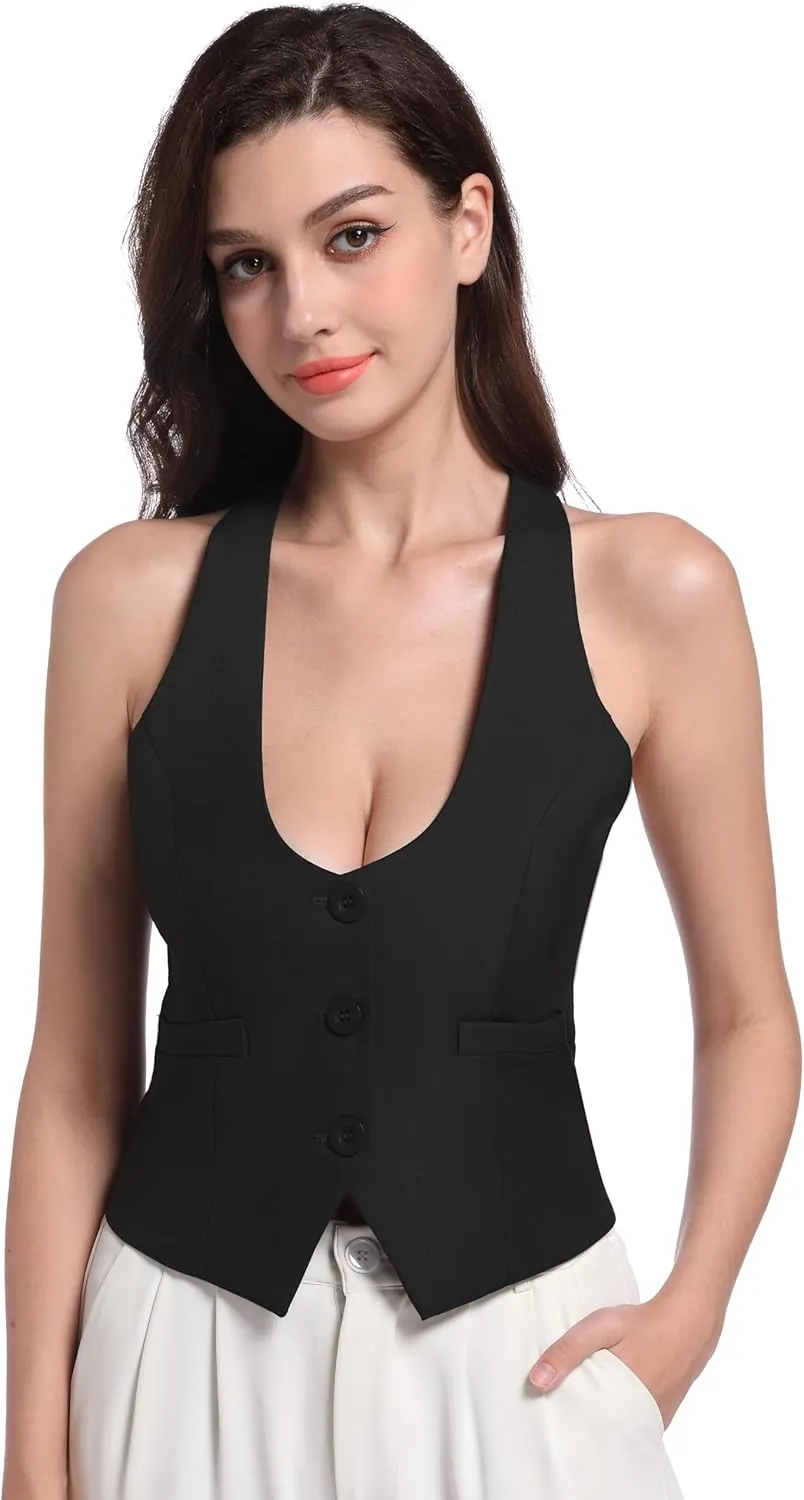 Foucome Vest for Women Dressy Casual Suit Vests Versatile Steampunk Racerback Waistcoat Vest Tops