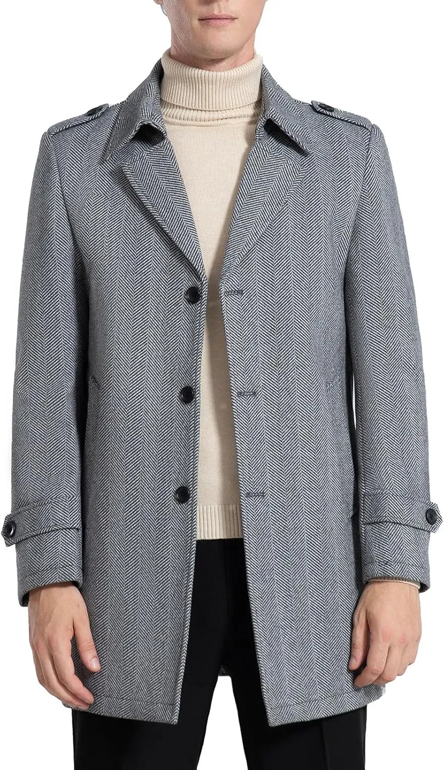 FTIMILD Mens Wool Blend Coat Single Breasted Trench Coat Notched Lapel Slim Fit Pea Coat
