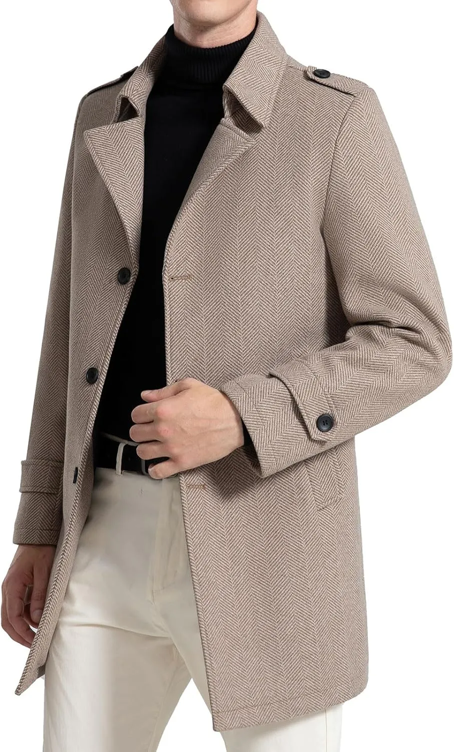 FTIMILD Mens Wool Blend Coat Single Breasted Trench Coat Notched Lapel Slim Fit Pea Coat