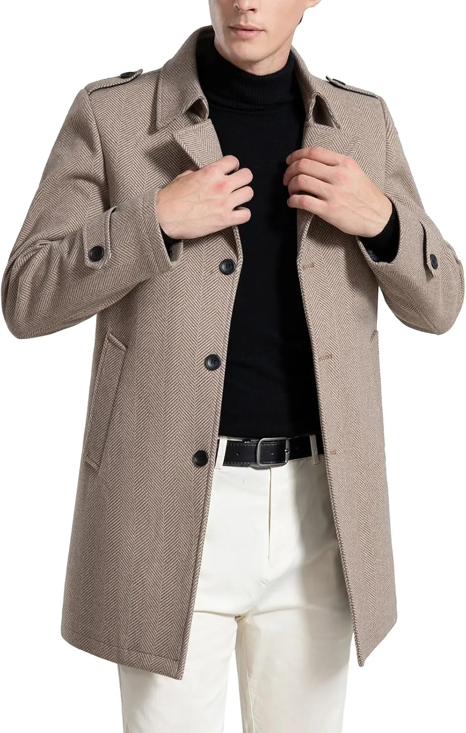 FTIMILD Mens Wool Blend Coat Single Breasted Trench Coat Notched Lapel Slim Fit Pea Coat