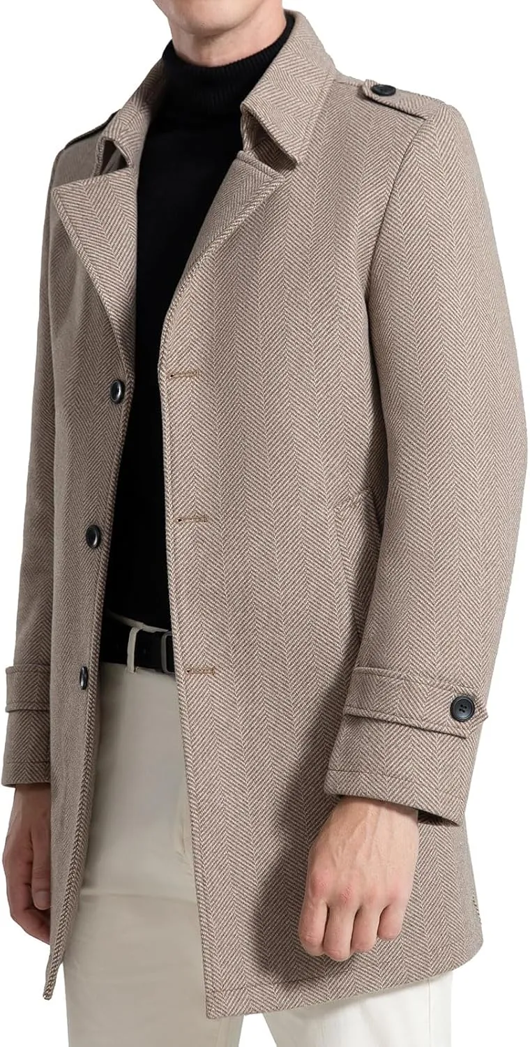 FTIMILD Mens Wool Blend Coat Single Breasted Trench Coat Notched Lapel Slim Fit Pea Coat