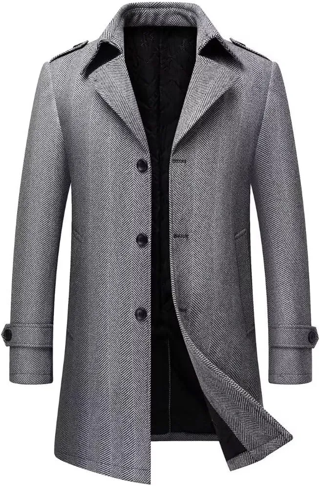 FTIMILD Mens Wool Blend Coat Single Breasted Trench Coat Notched Lapel Slim Fit Pea Coat