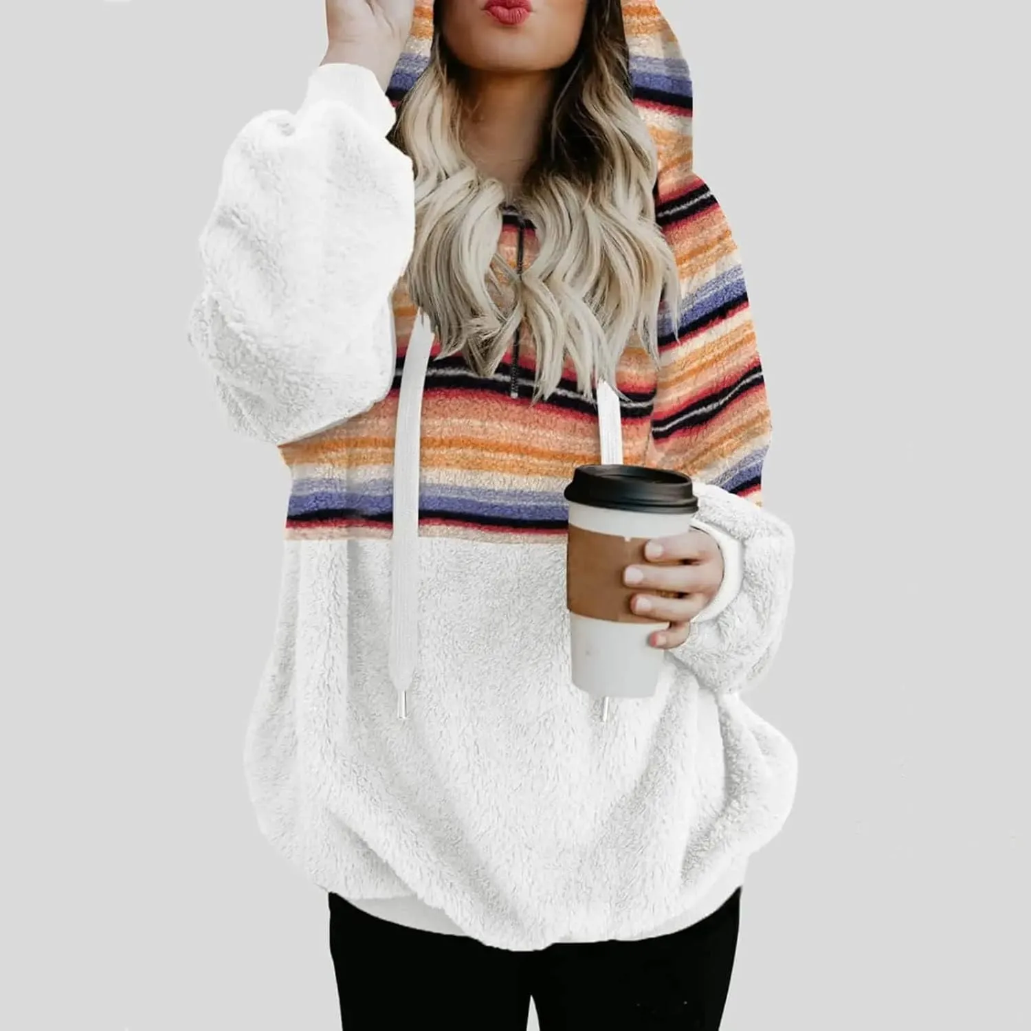 Fuzzy Hoodies for Women Half Zip Sherpa Fleece Oversized Hooded Sweatshirt Quarter Zip Pullover with Pockets