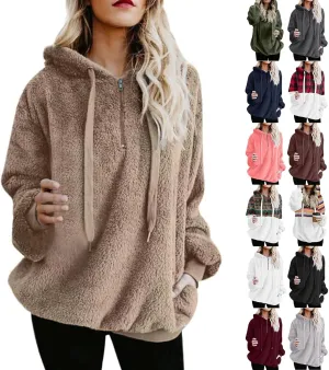 Fuzzy Hoodies for Women Half Zip Sherpa Fleece Oversized Hooded Sweatshirt Quarter Zip Pullover with Pockets