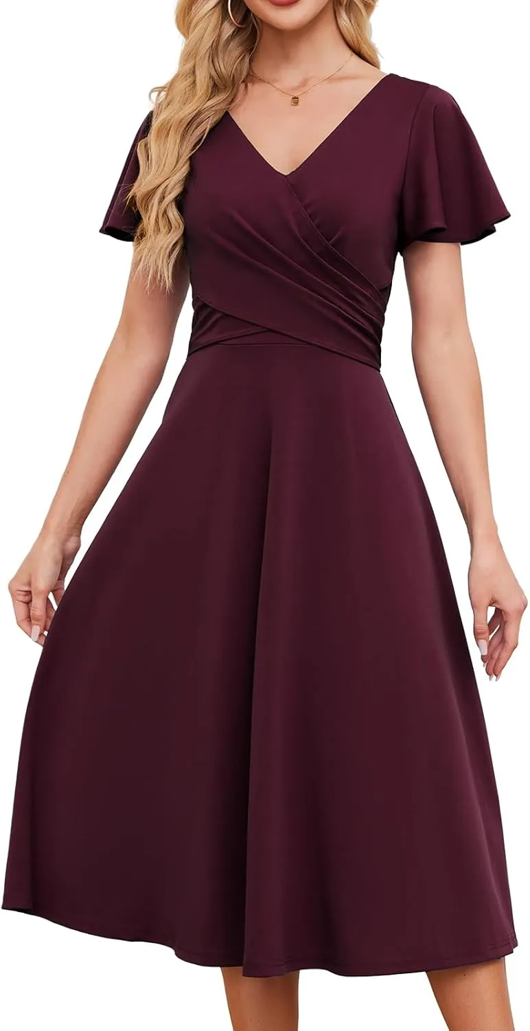 Gardenwed Womens Cocktail Dress Wedding Guest Semi Formal Wrap V Neck Short Sleeve Ruched A Line Midi Dresses with Belt