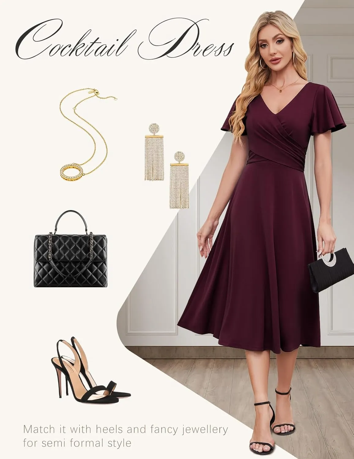 Gardenwed Womens Cocktail Dress Wedding Guest Semi Formal Wrap V Neck Short Sleeve Ruched A Line Midi Dresses with Belt