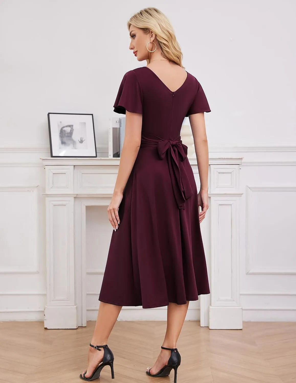 Gardenwed Womens Cocktail Dress Wedding Guest Semi Formal Wrap V Neck Short Sleeve Ruched A Line Midi Dresses with Belt