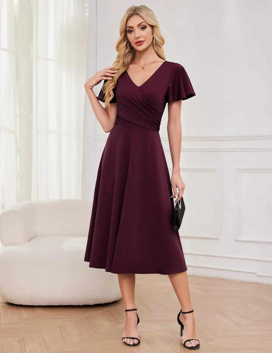 Gardenwed Womens Cocktail Dress Wedding Guest Semi Formal Wrap V Neck Short Sleeve Ruched A Line Midi Dresses with Belt