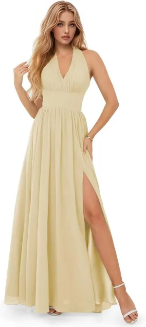 GARDOM V Neck Chiffon Bridesmaid Dresses for Women Long Halter Pleated Formal Evening Gowns with Slit
