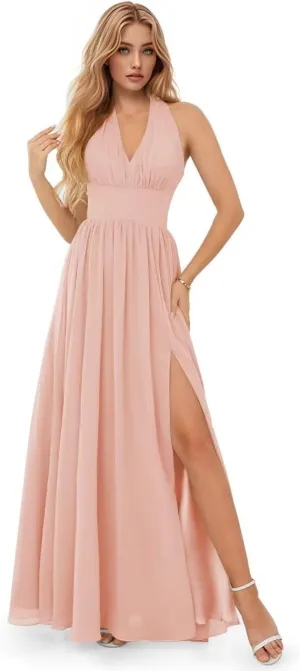 GARDOM V Neck Chiffon Bridesmaid Dresses for Women Long Halter Pleated Formal Evening Gowns with Slit