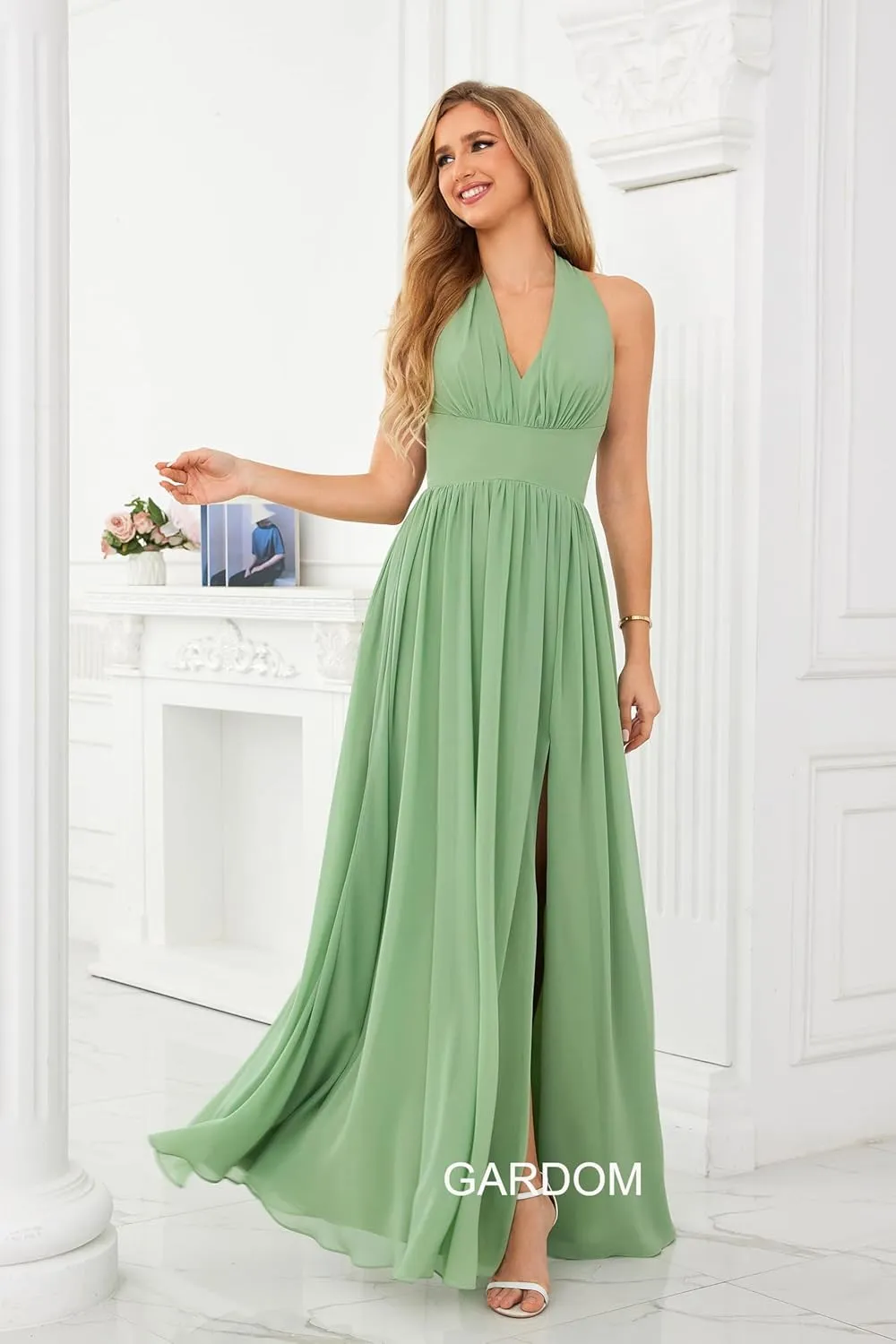 GARDOM V Neck Chiffon Bridesmaid Dresses for Women Long Halter Pleated Formal Evening Gowns with Slit