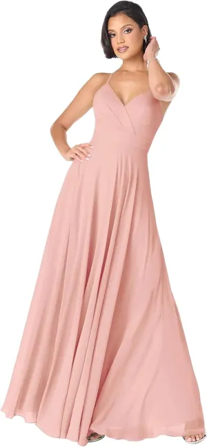 GDJDIFK V-Neck Bridesmaid Dresses Long - Flowy A-Line Chiffon Evening Gowns Pleated for Women Formal with Spaghetti Straps