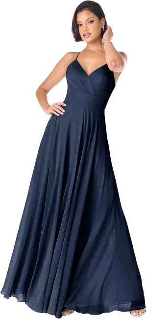GDJDIFK V-Neck Bridesmaid Dresses Long - Flowy A-Line Chiffon Evening Gowns Pleated for Women Formal with Spaghetti Straps