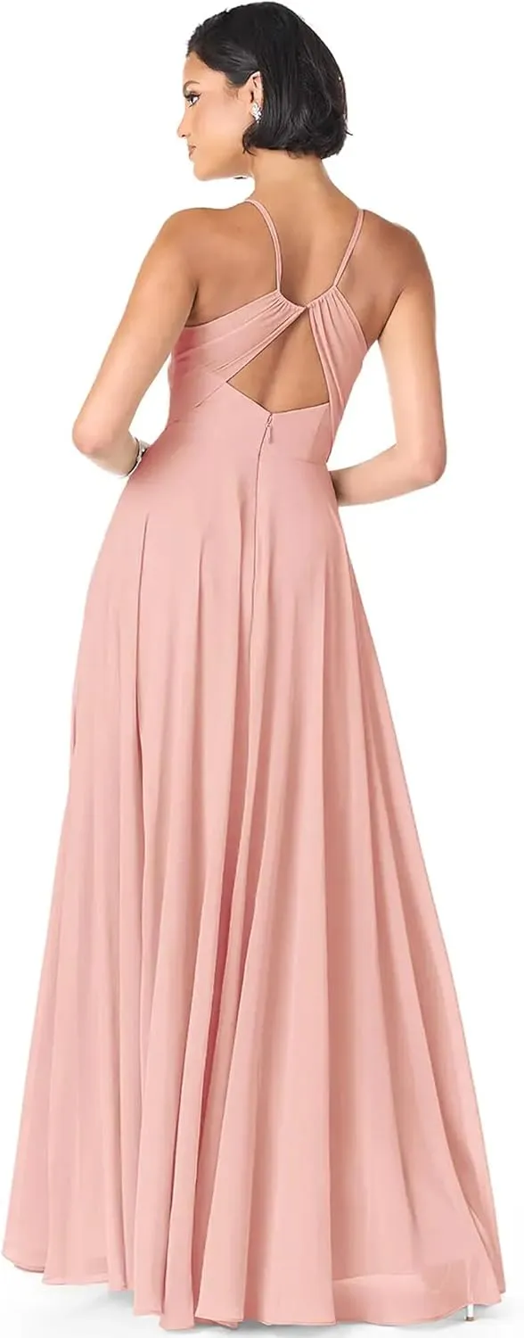 GDJDIFK V-Neck Bridesmaid Dresses Long - Flowy A-Line Chiffon Evening Gowns Pleated for Women Formal with Spaghetti Straps