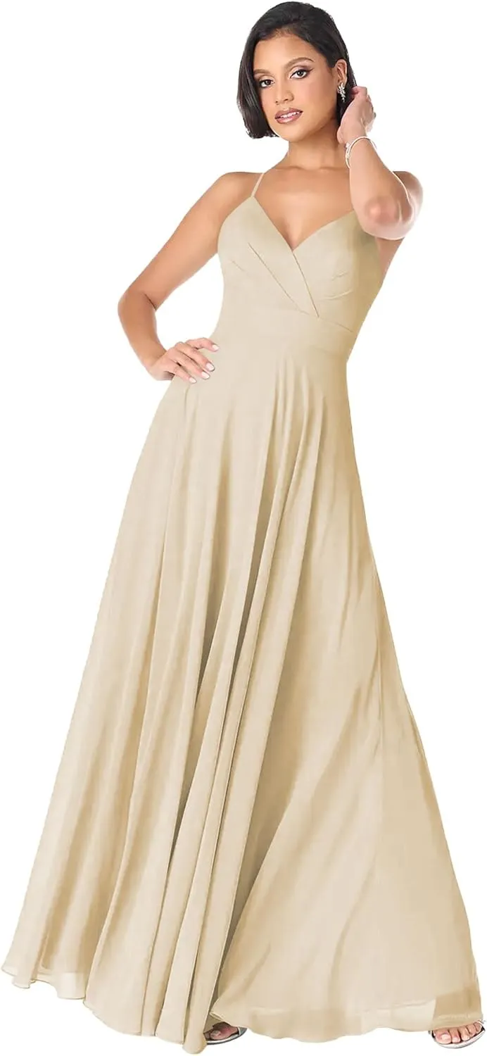 GDJDIFK V-Neck Bridesmaid Dresses Long - Flowy A-Line Chiffon Evening Gowns Pleated for Women Formal with Spaghetti Straps