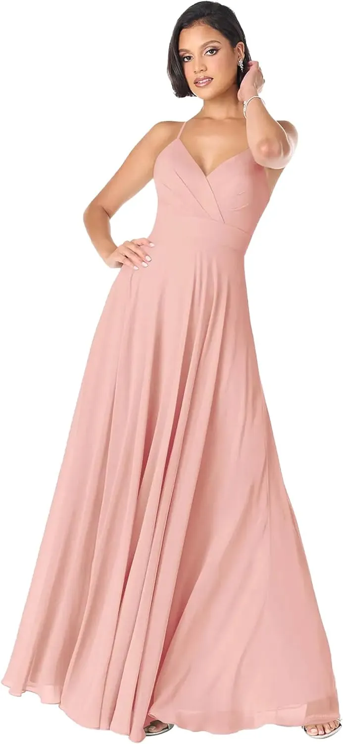 GDJDIFK V-Neck Bridesmaid Dresses Long - Flowy A-Line Chiffon Evening Gowns Pleated for Women Formal with Spaghetti Straps