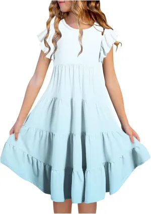 Girls Summer Dresses Double Layer Flutter Sleeve Flowy A-Line Sundress Casual Gradient Midi Dresses for 6-15 Years