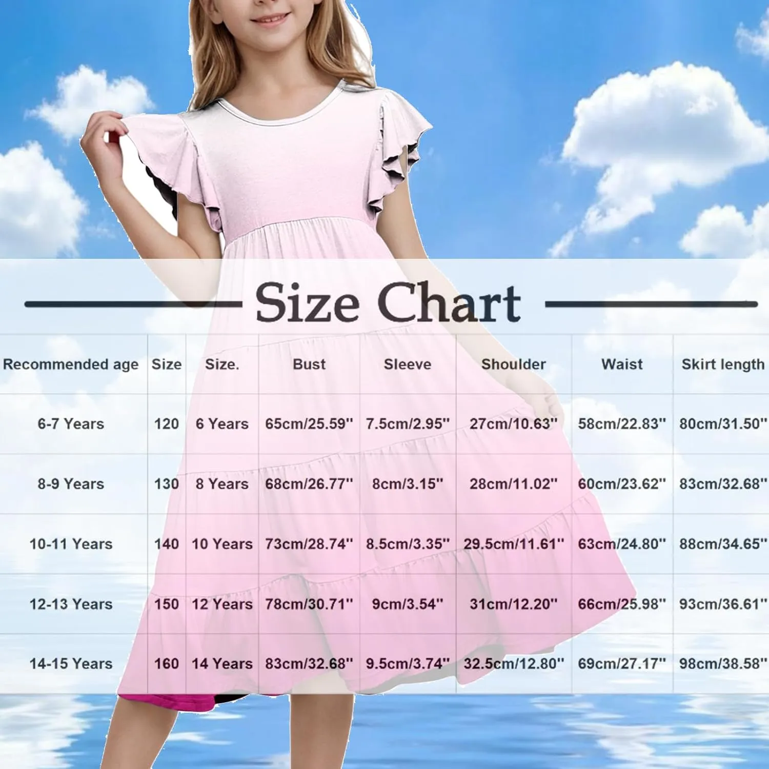 Girls Summer Dresses Double Layer Flutter Sleeve Flowy A-Line Sundress Casual Gradient Midi Dresses for 6-15 Years