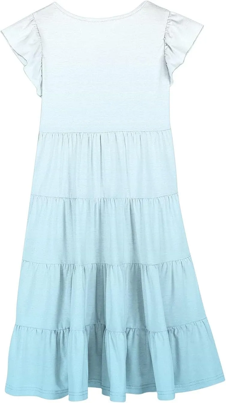 Girls Summer Dresses Double Layer Flutter Sleeve Flowy A-Line Sundress Casual Gradient Midi Dresses for 6-15 Years