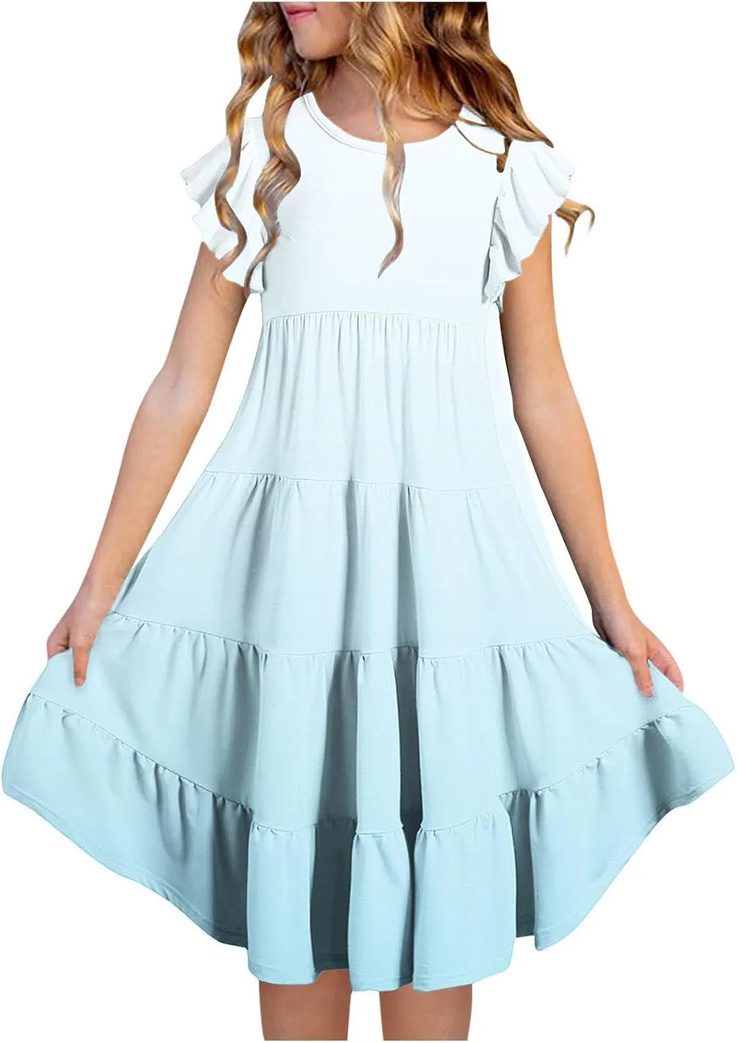 Girls Summer Dresses Double Layer Flutter Sleeve Flowy A-Line Sundress Casual Gradient Midi Dresses for 6-15 Years