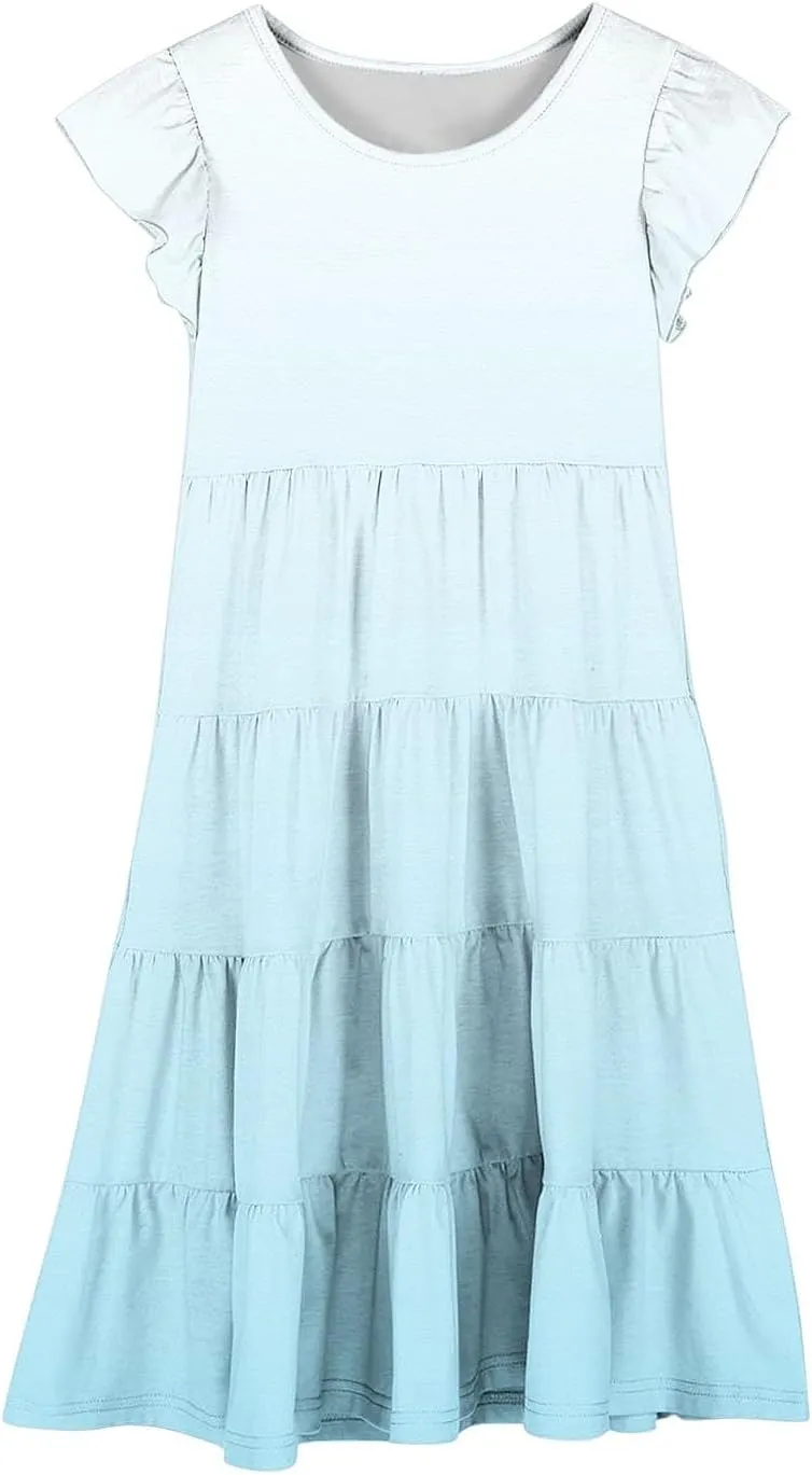 Girls Summer Dresses Double Layer Flutter Sleeve Flowy A-Line Sundress Casual Gradient Midi Dresses for 6-15 Years