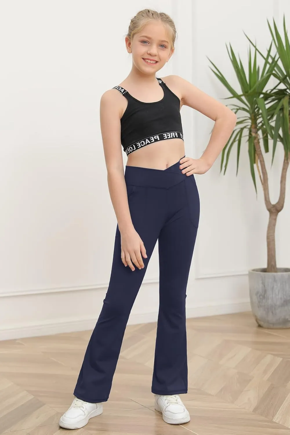 Girls Yoga Pants V Cross Waist Wide Leg Workout Flare Pants High Waist Bootcut Pants