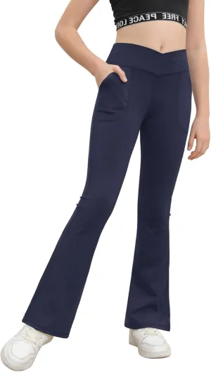 Girls Yoga Pants V Cross Waist Wide Leg Workout Flare Pants High Waist Bootcut Pants