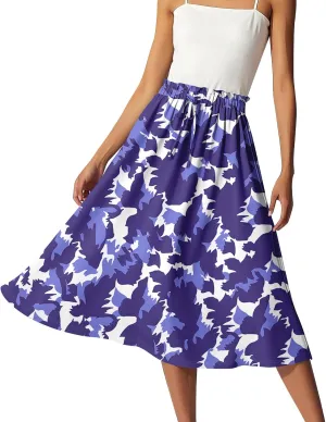 GOFULY Midi Skirts for Women Boho Summer Floral Print A Line Knee Skirt Drawstring Elastic High Waist Pleated Skirt