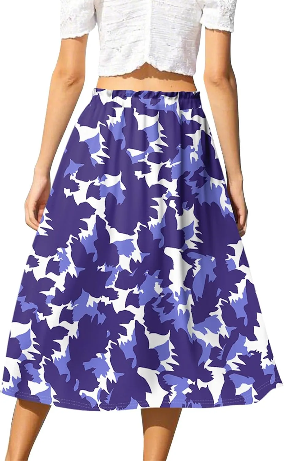 GOFULY Midi Skirts for Women Boho Summer Floral Print A Line Knee Skirt Drawstring Elastic High Waist Pleated Skirt