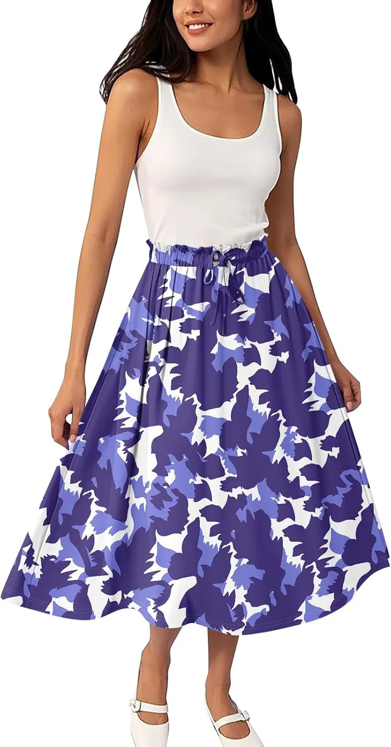 GOFULY Midi Skirts for Women Boho Summer Floral Print A Line Knee Skirt Drawstring Elastic High Waist Pleated Skirt
