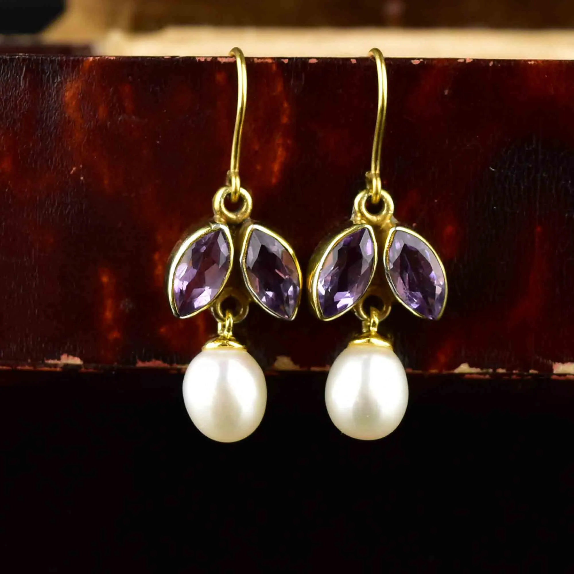 Gold Amethyst Baroque Pearl Dangle Earrings