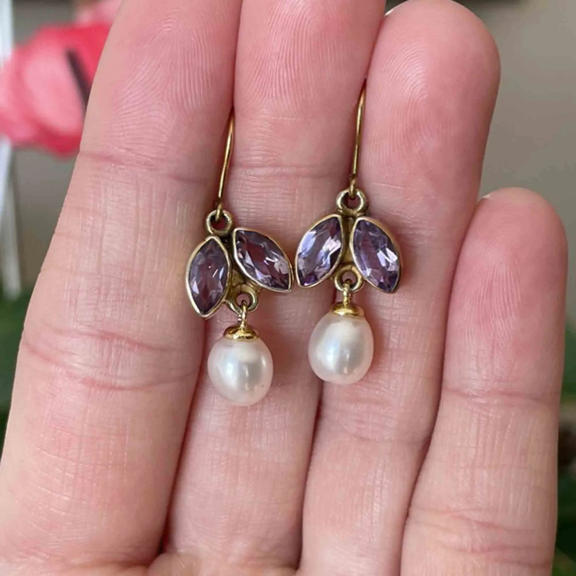 Gold Amethyst Baroque Pearl Dangle Earrings