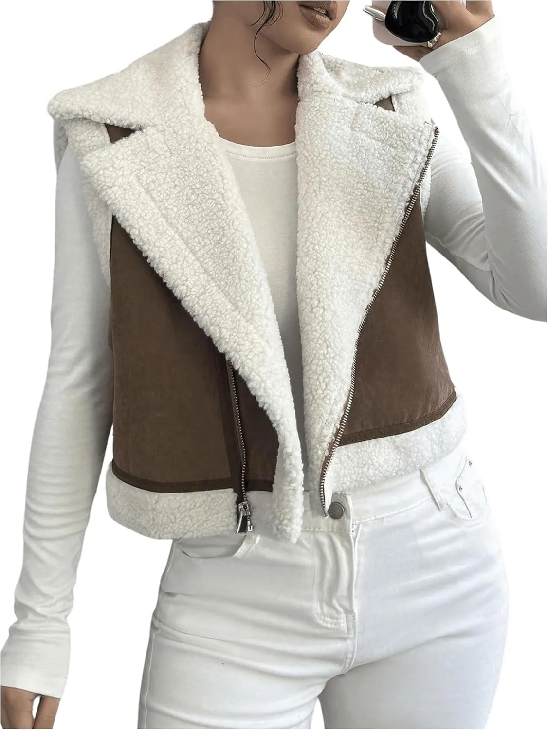 GORGLITTER Women's Fuzzy Vest Outerwear Trendy Fall Fleece Sherpa Vest Sleeveless Old Money Coat Vests