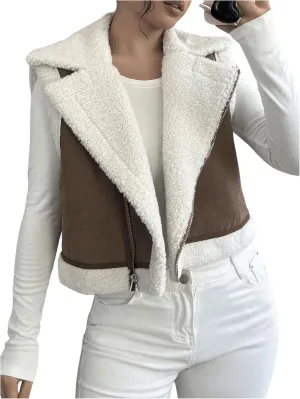 GORGLITTER Women's Fuzzy Vest Outerwear Trendy Fall Fleece Sherpa Vest Sleeveless Old Money Coat Vests