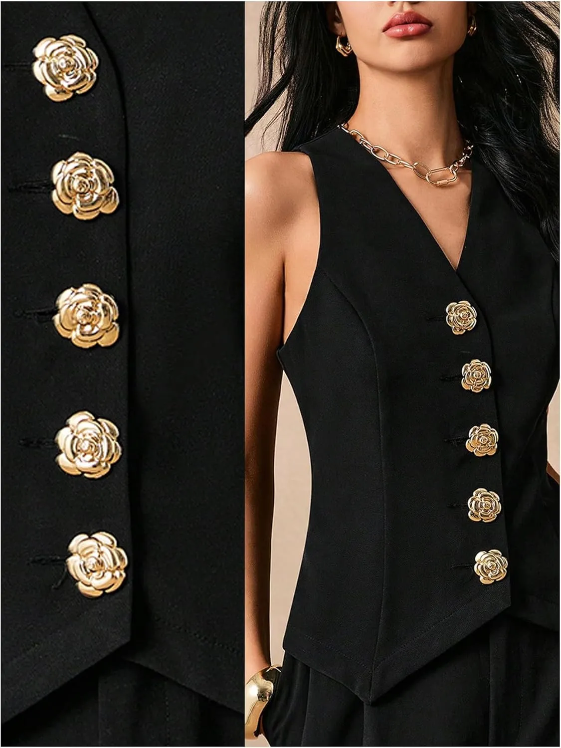 GORGLITTER Women's Metal Flower Blazer Vest Sleeveless V Neck Fashion Vests Top Business Casual Work Tops
