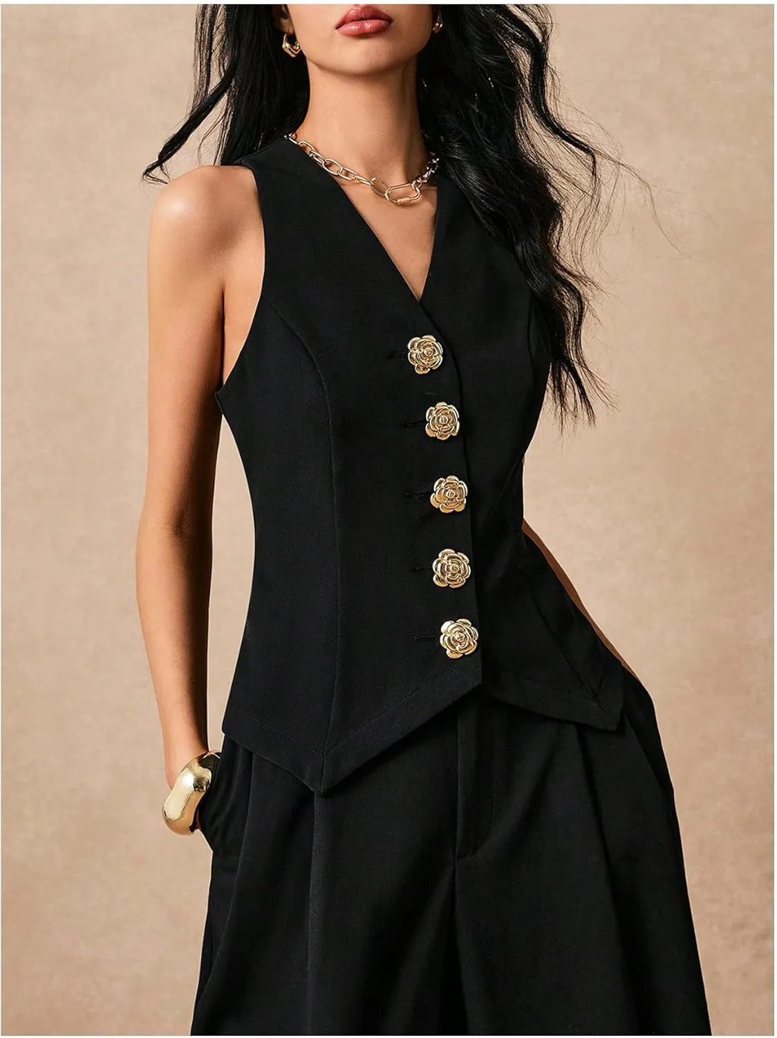 GORGLITTER Women's Metal Flower Blazer Vest Sleeveless V Neck Fashion Vests Top Business Casual Work Tops