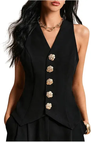 GORGLITTER Women's Metal Flower Blazer Vest Sleeveless V Neck Fashion Vests Top Business Casual Work Tops