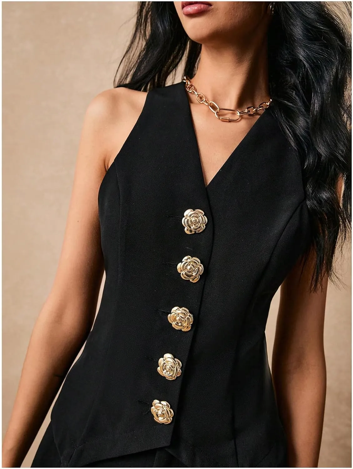 GORGLITTER Women's Metal Flower Blazer Vest Sleeveless V Neck Fashion Vests Top Business Casual Work Tops
