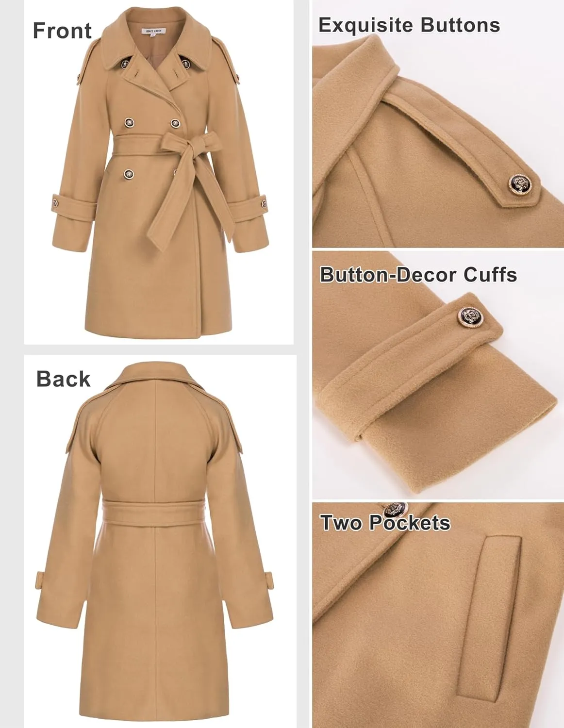 GRACE KARIN Girls Dress Coat Lapel Blend Winter Kids Jackets Coat Size 5-12