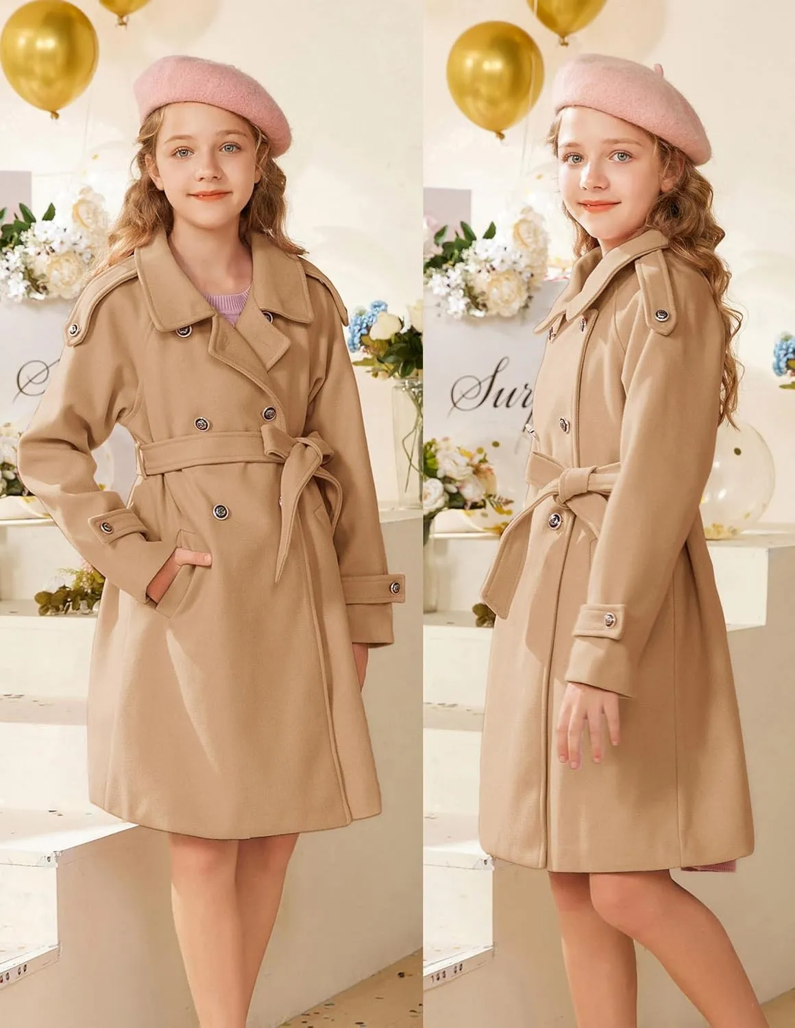 GRACE KARIN Girls Dress Coat Lapel Blend Winter Kids Jackets Coat Size 5-12