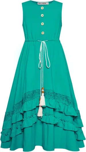 GRACE KARIN Girls Summer Dress Button Front Drastring Waist Sleeveless Long Party Boho Cute Kids Sundress Size 6-14