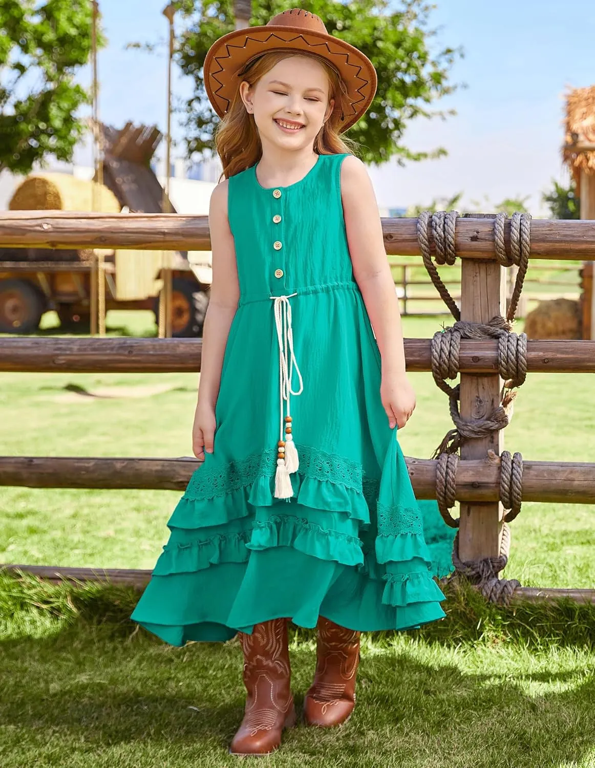 GRACE KARIN Girls Summer Dress Button Front Drastring Waist Sleeveless Long Party Boho Cute Kids Sundress Size 6-14