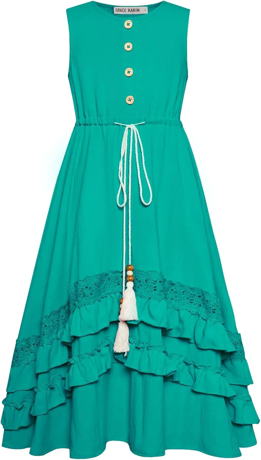 GRACE KARIN Girls Summer Dress Button Front Drastring Waist Sleeveless Long Party Boho Cute Kids Sundress Size 6-14