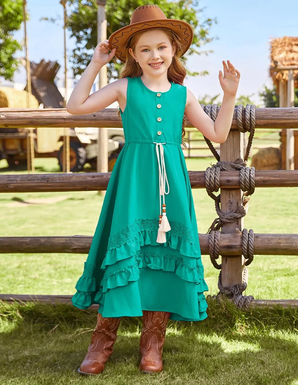 GRACE KARIN Girls Summer Dress Button Front Drastring Waist Sleeveless Long Party Boho Cute Kids Sundress Size 6-14
